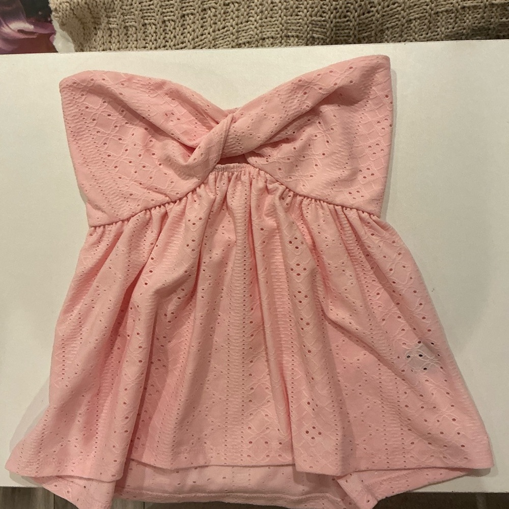 SHEIN Pink Strapless Eyelet Top